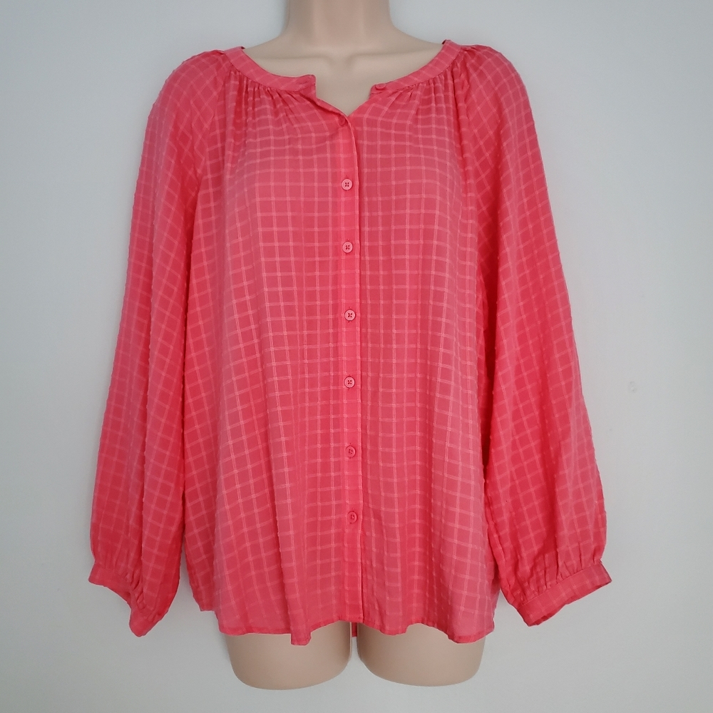 Ann Taylor Factory Vibrant Coral Pink Peasant Blouse Sz M